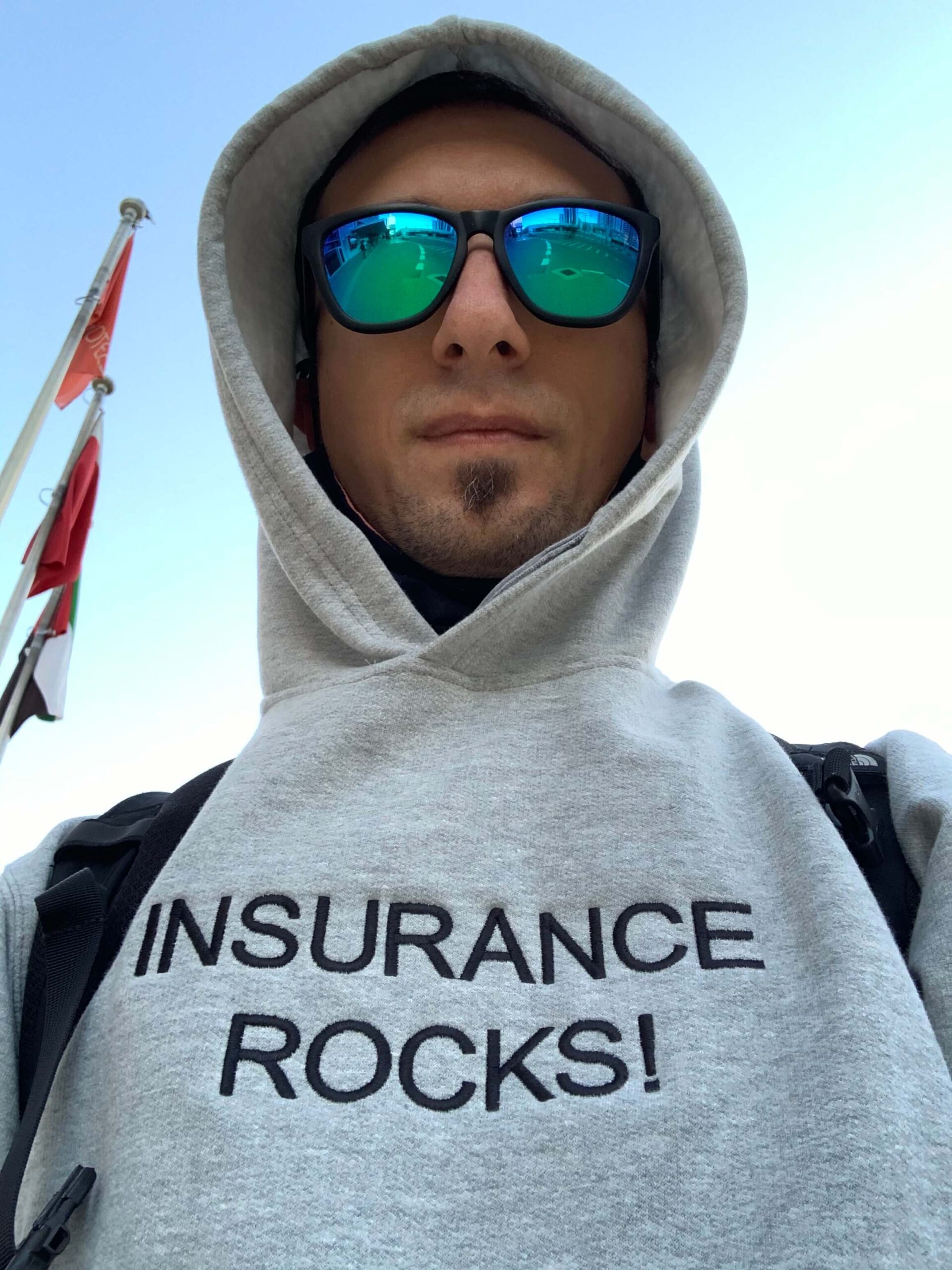 Matteo wearing Insurance rocks jumper